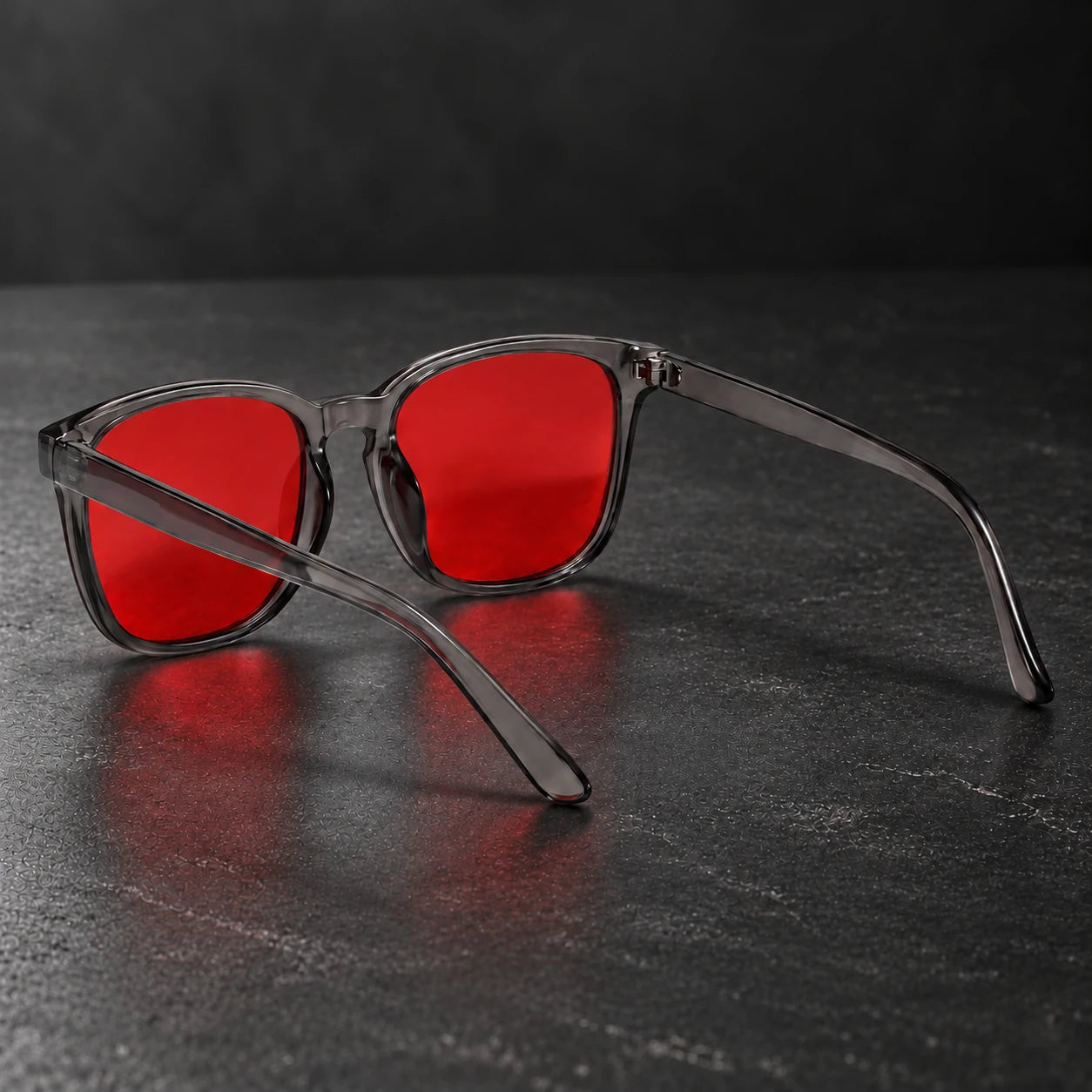 The actual red-lens glasses from a rear angle.
